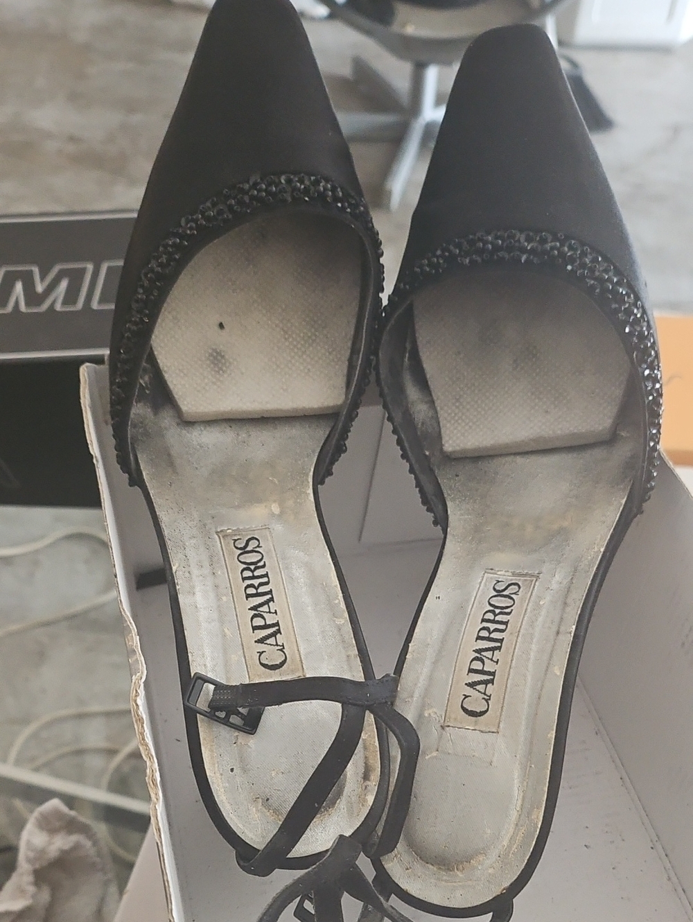 Caparros Black Pointed Toe Ankle Tie Flats with Beaded Trim